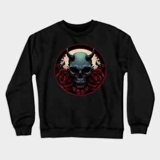 Dark scary skull with red rose flowers in a circle Halloween Crewneck Sweatshirt